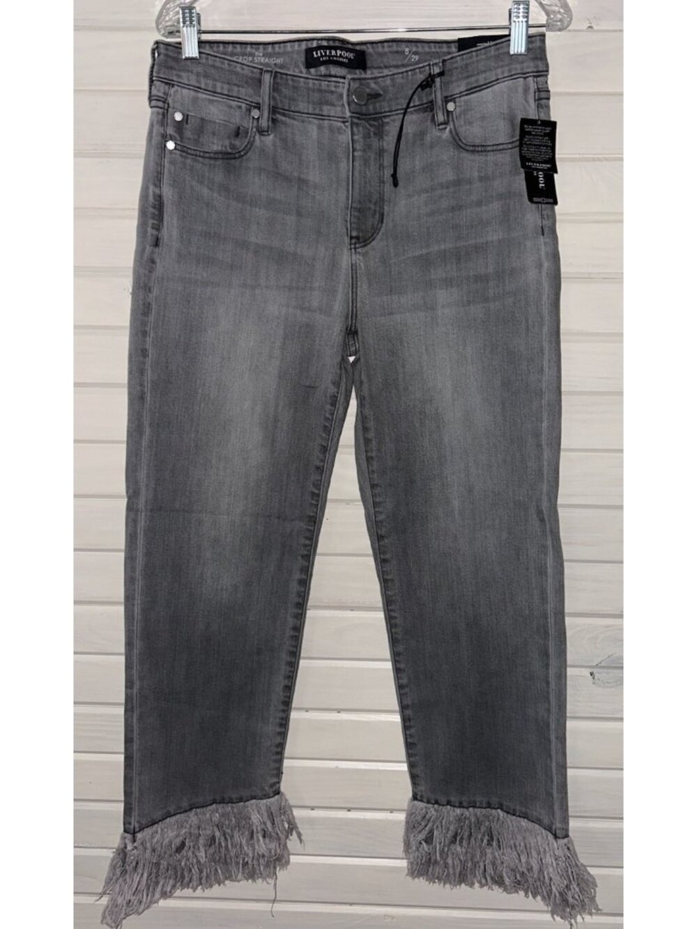 NWT Liverpool Sz 8/29 Crop Straight Jeans Pumice Gray Fray Denim Zip Fly Stretch